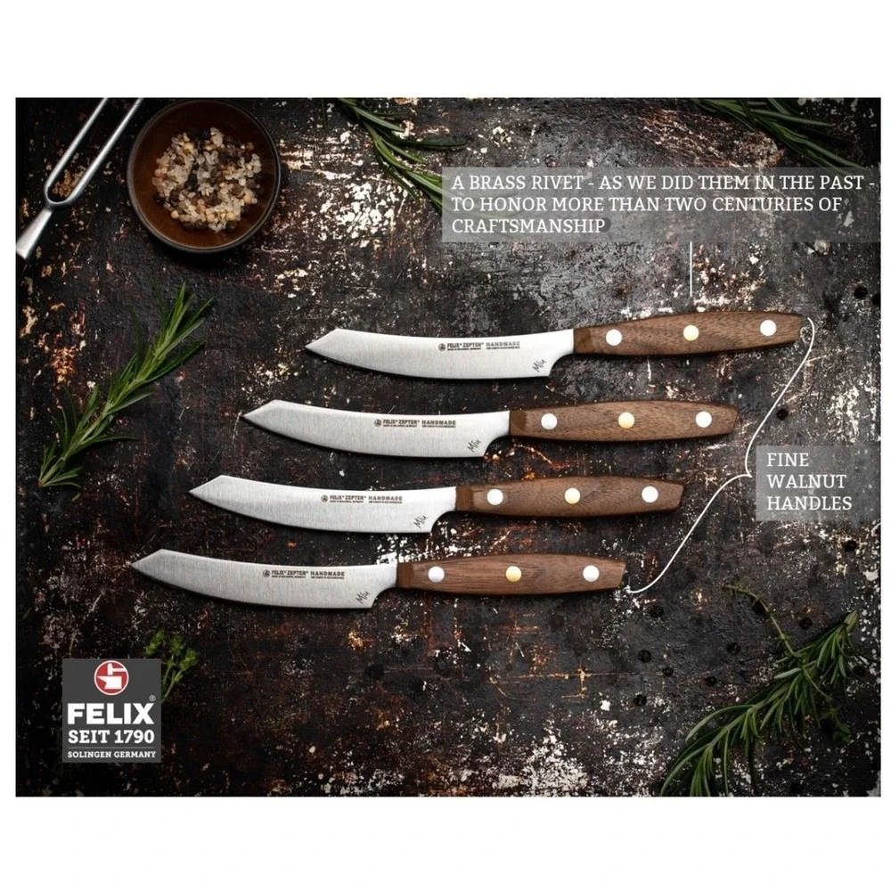 Felix Solingen Miu Steak Knife Set 4pc Walnut Wood Brass Handmade Germany 224604